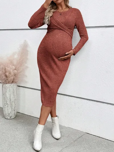Pregnant Women Fashion Solid Color Round-Neck Long Sleeve Slim-Fit Maternity Dress