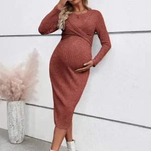 Pregnant Women Fashion Solid Color Round-Neck Long Sleeve Slim-Fit Maternity Dress