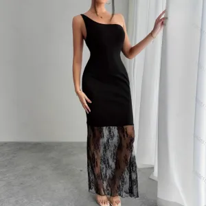 Women Sexy Lace Splice Slanted Shoulder Sleeveless Maxi Dress