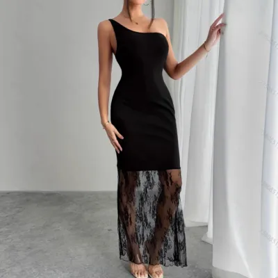 Women Sexy Lace Splice Slanted Shoulder Sleeveless Maxi Dress