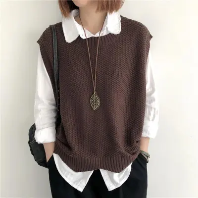 Women Casual Crewneck Loose Knitted Vest Solid Color Spring Autumn