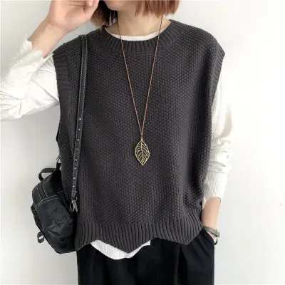 Women Casual Crewneck Loose Knitted Vest Solid Color Spring Autumn