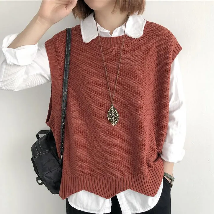 Women Casual Crewneck Loose Knitted Vest Solid Color Spring Autumn