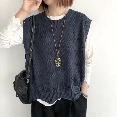 Women Casual Crewneck Loose Knitted Vest Solid Color Spring Autumn