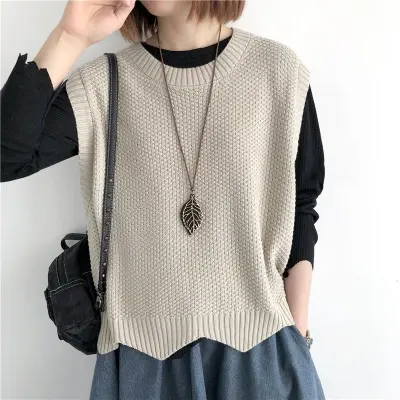 Women Casual Crewneck Loose Knitted Vest Solid Color Spring Autumn