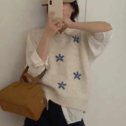 Women Elegant Autumn Jacquard Sleeveless Loose Knitted Vest