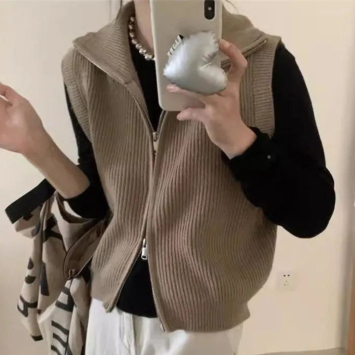 Women Casual Autumn Winter Solid Color Double Zipper Knitted Cardigan Vest