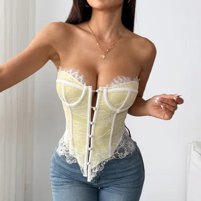 Women Fashion Lace Curved Low-Cut Button Strapless Top