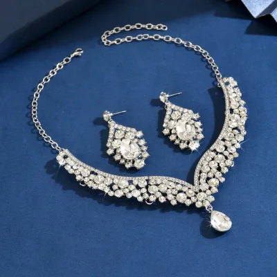 Women Fashion Elegant Rhinestone Earrings Necklace Set