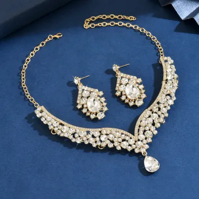 Women Fashion Elegant Rhinestone Earrings Necklace Set