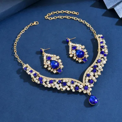 Women Fashion Elegant Rhinestone Earrings Necklace Set