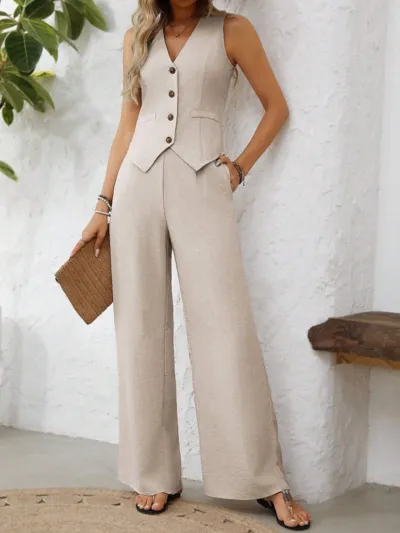 Women Fashion Casual Solid Color V-Neck Tank Top Loose Pants Set