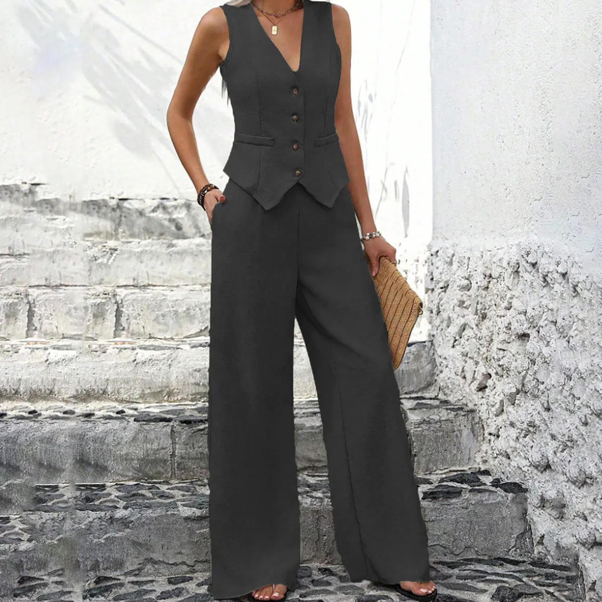 Women Fashion Casual Solid Color V-Neck Tank Top Loose Pants Set