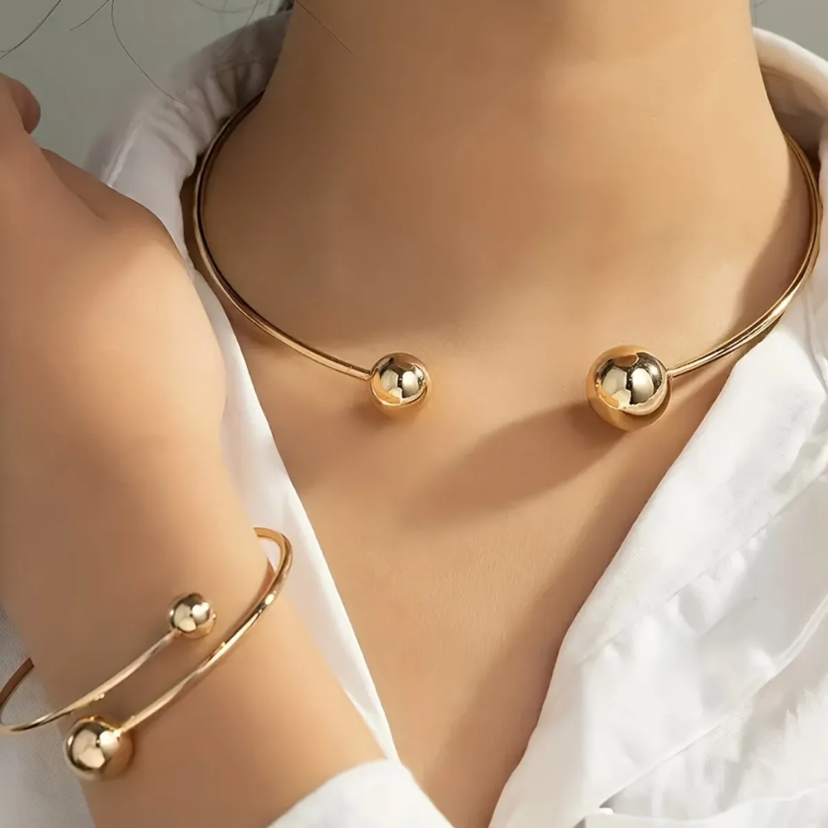 Women Fashion Simple Round Bead Bracelet Necklace Two-Piece Set Zinc Alloy Personality