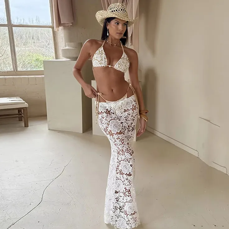 Women Sexy Lace Hollow-Out Halter-Neck Lace-Up Swimsuit Three-Piece Set