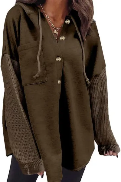 Women Casual Splicing Sleeves Button Loose Hoodies
