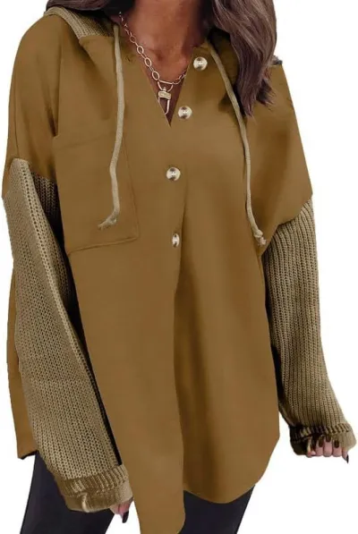 Women Casual Splicing Sleeves Button Loose Hoodies