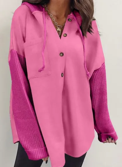 Women Casual Splicing Sleeves Button Loose Hoodies