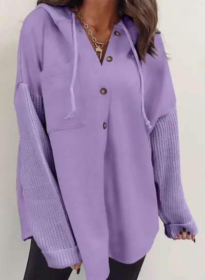 Women Casual Splicing Sleeves Button Loose Hoodies