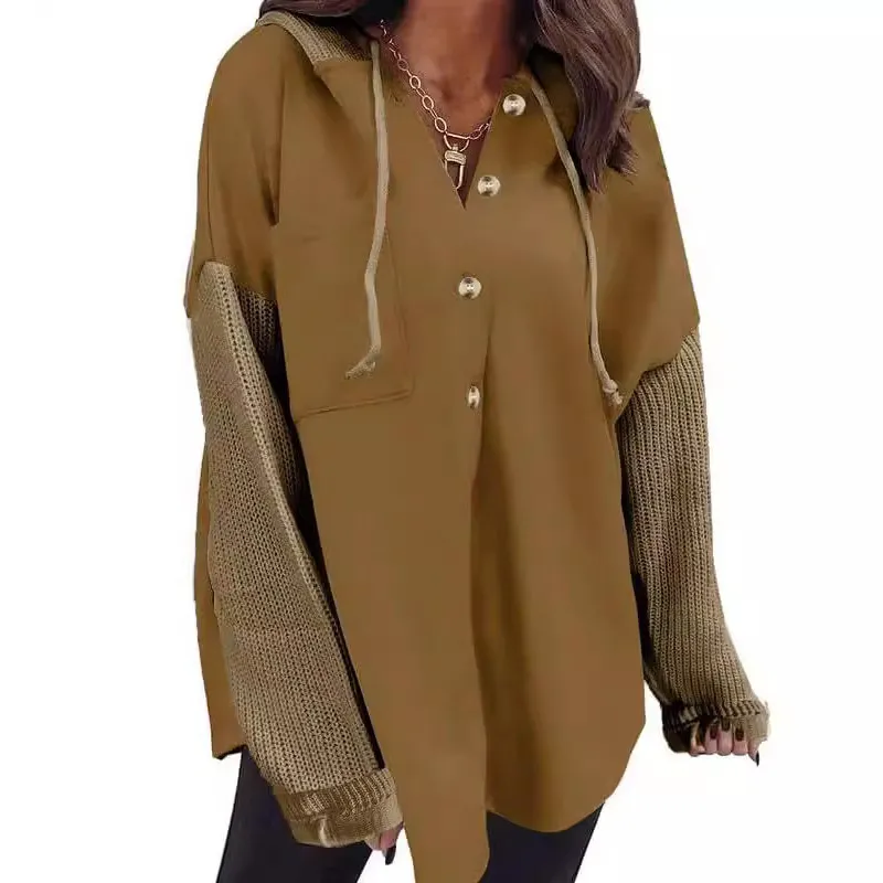 Women Casual Splicing Sleeves Button Loose Hoodies