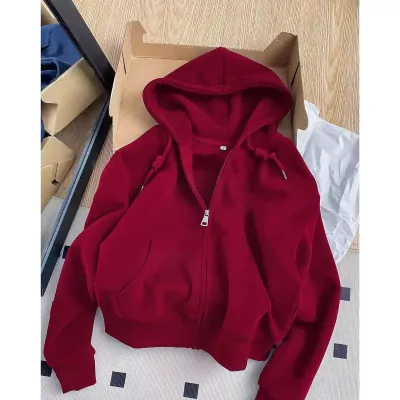 Women Casual Solid Color Long-Sleeve Zipper Fleece-Lined Hoodies