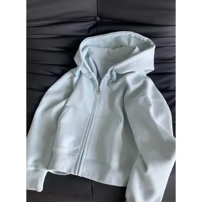 Women Casual Solid Color Long-Sleeve Zipper Fleece-Lined Hoodies