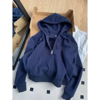 Women Casual Solid Color Long-Sleeve Zipper Fleece-Lined Hoodies