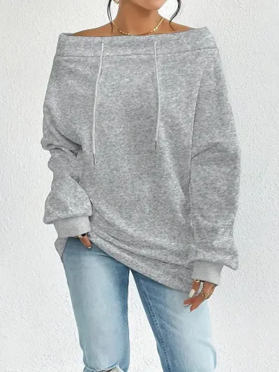 Women Fashion Casual Autumn Winter Solid Color Off-Shoulder Drawstring Loose Sweatshirt