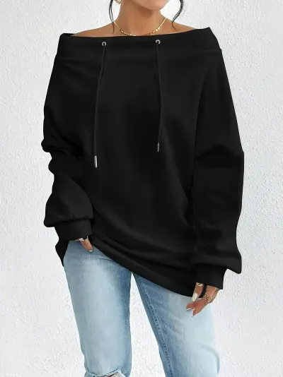 Women Fashion Casual Autumn Winter Solid Color Off-Shoulder Drawstring Loose Sweatshirt