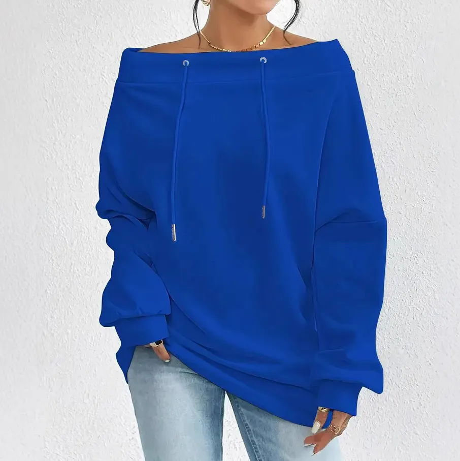 Women Fashion Casual Autumn Winter Solid Color Off-Shoulder Drawstring Loose Sweatshirt