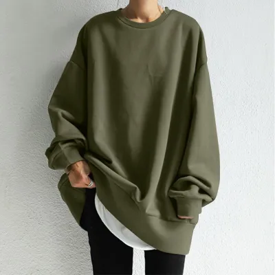 Women Casual Solid Color Round Neck Long Sleeve Loose Fit Sweatshirt