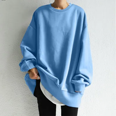 Women Casual Solid Color Round Neck Long Sleeve Loose Fit Sweatshirt