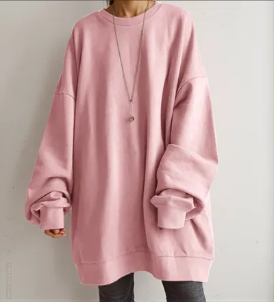 Women Casual Solid Color Round Neck Long Sleeve Loose Fit Sweatshirt