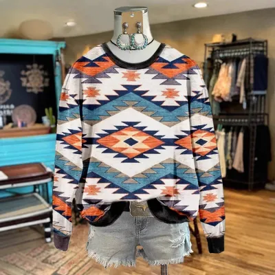 Women Casual Geometric Print Round Neck Long Sleeve Sweatshirt for Autumn Winter