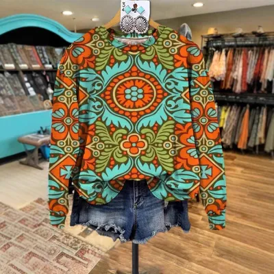 Women Casual Geometric Print Round Neck Long Sleeve Sweatshirt for Autumn Winter