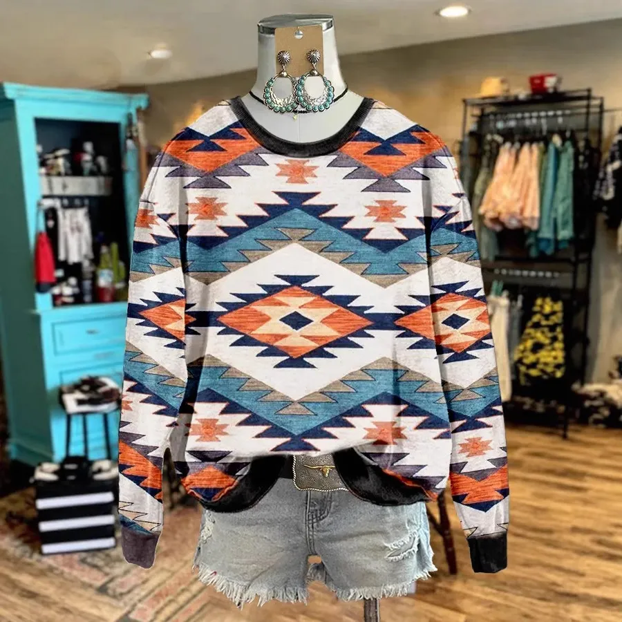 Women Casual Geometric Print Round Neck Long Sleeve Sweatshirt for Autumn Winter