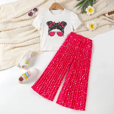 Kids Girls Fashion Dot Printed Cartoon Short-Sleeve T-Shirt and Wide-Leg Pants Two-Piece Set
