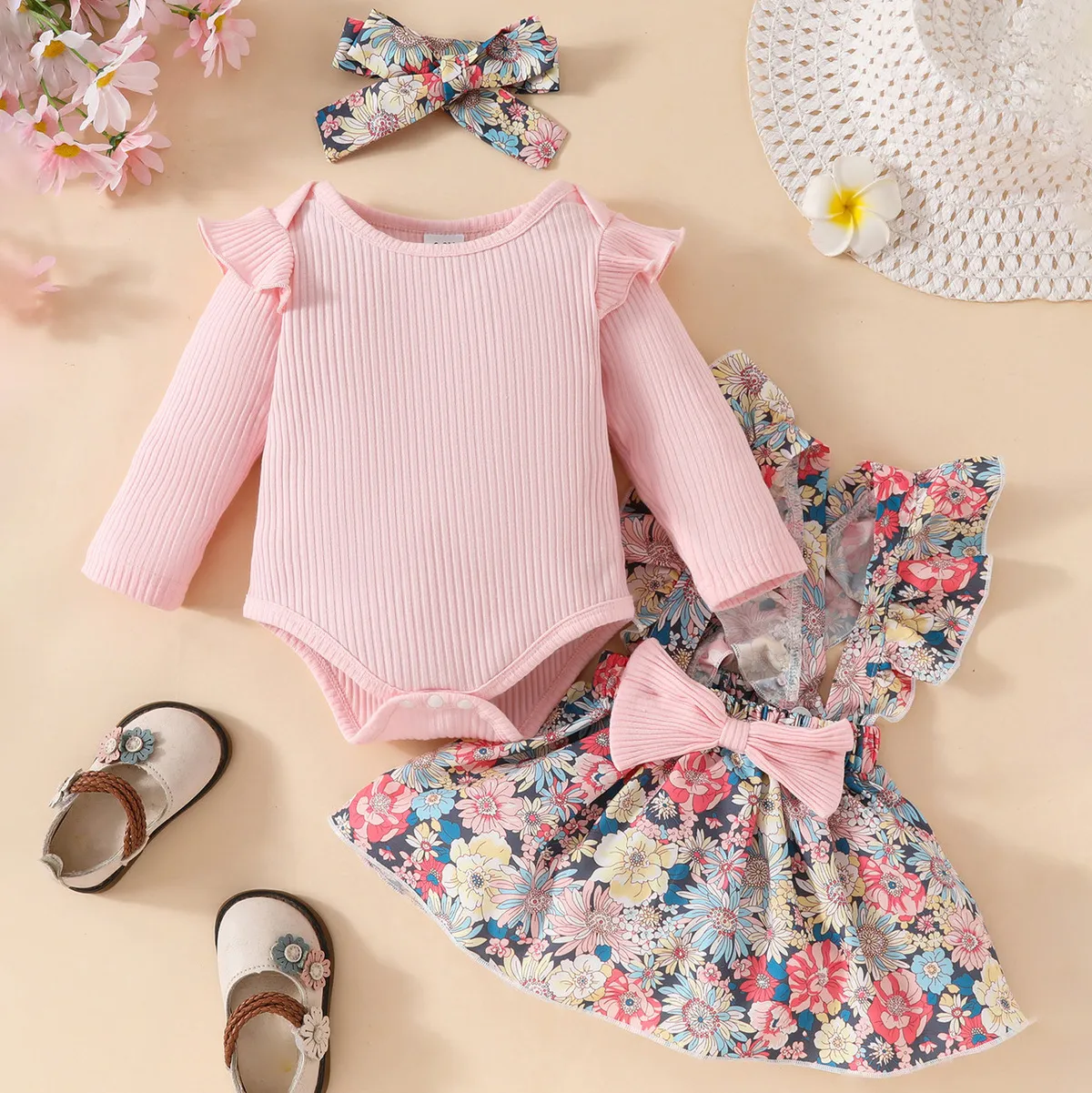 Kids Baby Girls Fashion Cute Floral Printed Long Sleeve Rompers Sleeveless Bowknot Dress Hairband Three-Piece Set