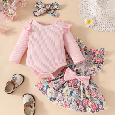 Kids Baby Girls Fashion Cute Floral Printed Long Sleeve Rompers Sleeveless Bowknot Dress Hairband Three-Piece Set