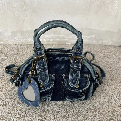 Women Fashion Casual Punk Washed Denim Portable Handbag Top Handle