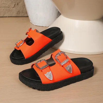 Women's Fashion Thick Bottom Belt Buckle Slippers PU Round Toe Rubber Sole