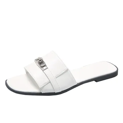 Women's Fashion Silver Buckle Flat Slippers with Synthetic Leather