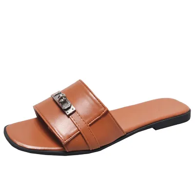 Women's Fashion Silver Buckle Flat Slippers with Synthetic Leather