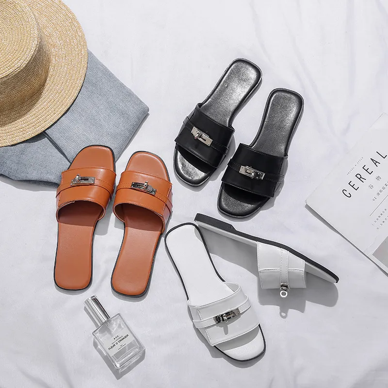 Women's Fashion Silver Buckle Flat Slippers with Synthetic Leather
