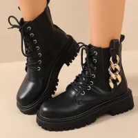 Women Fashion Casual Solid Color Chain Round Toe Short Thick-Soled Lace-Up Boots