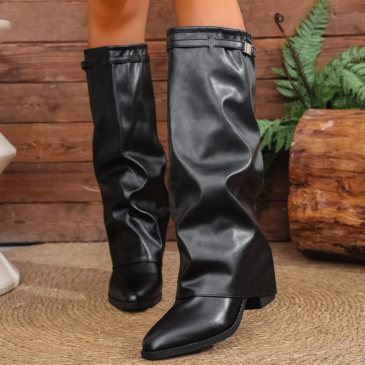 Women Fashion Solid Color Pleated Pointed Toe Thick High Heel Boots
