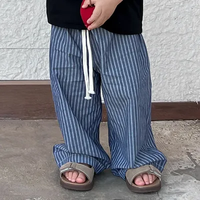 Kids Boys Blue Vertical Stripe Casual Cotton High Waist Pants