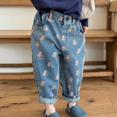 Kids Boys And Girls Cartoon Printed High Waist Cotton Denim Jeans