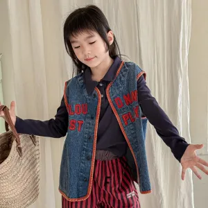 Kids Girls Fashion Casual Autumn Splicing Denim Vest Cardigan Solid Color Cotton