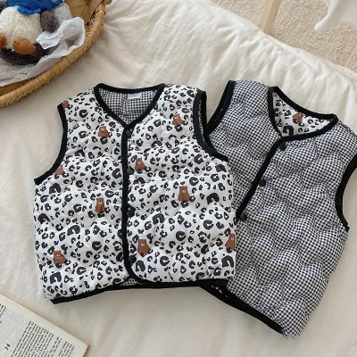 Kids Cotton Boys Girls Fashion Printed Warm Cotton Double-Sided Wear Vest